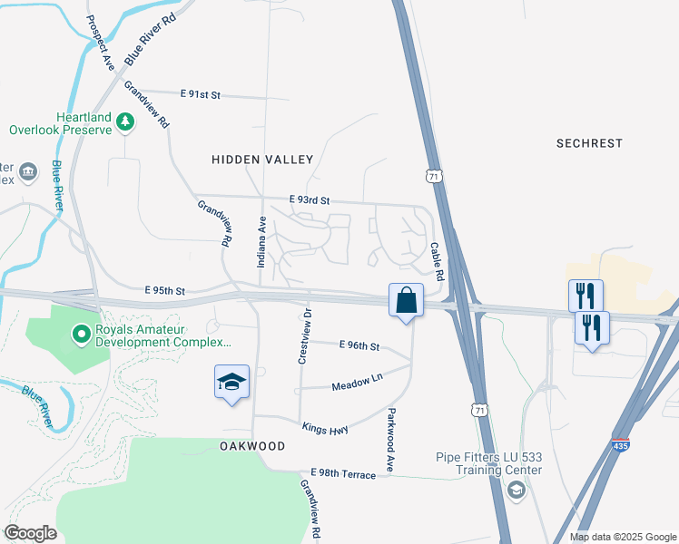 map of restaurants, bars, coffee shops, grocery stores, and more near 9347 Bales Avenue in Kansas City