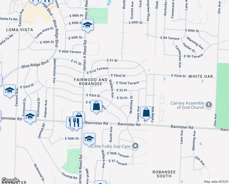 map of restaurants, bars, coffee shops, grocery stores, and more near 8501 East 92 Place in Kansas City