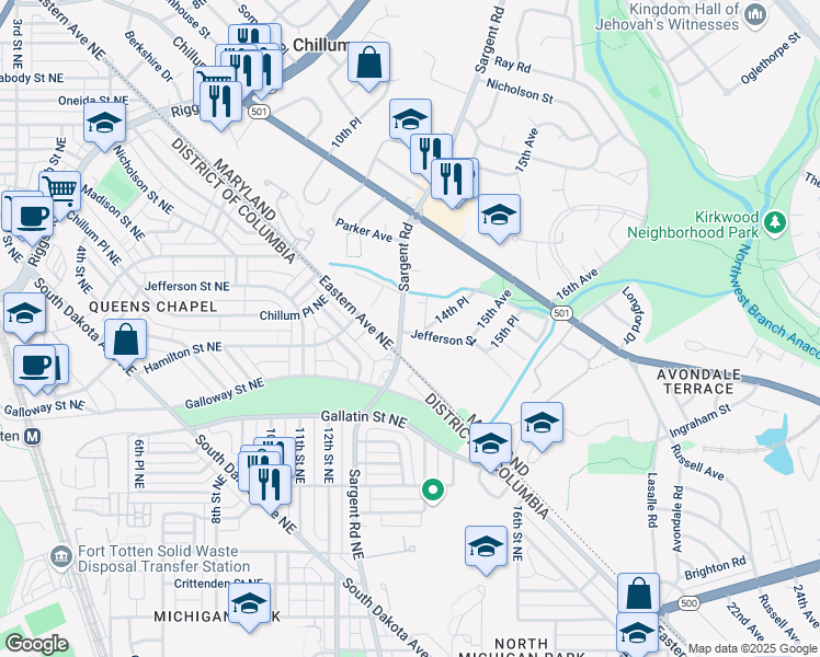 map of restaurants, bars, coffee shops, grocery stores, and more near 1320 Jefferson Street in Hyattsville