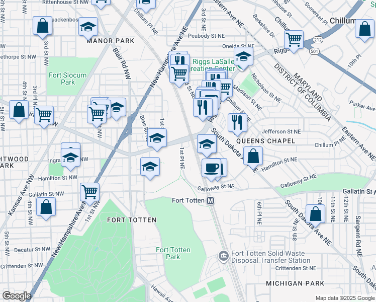 map of restaurants, bars, coffee shops, grocery stores, and more near 5321 1st Place Northeast in Washington