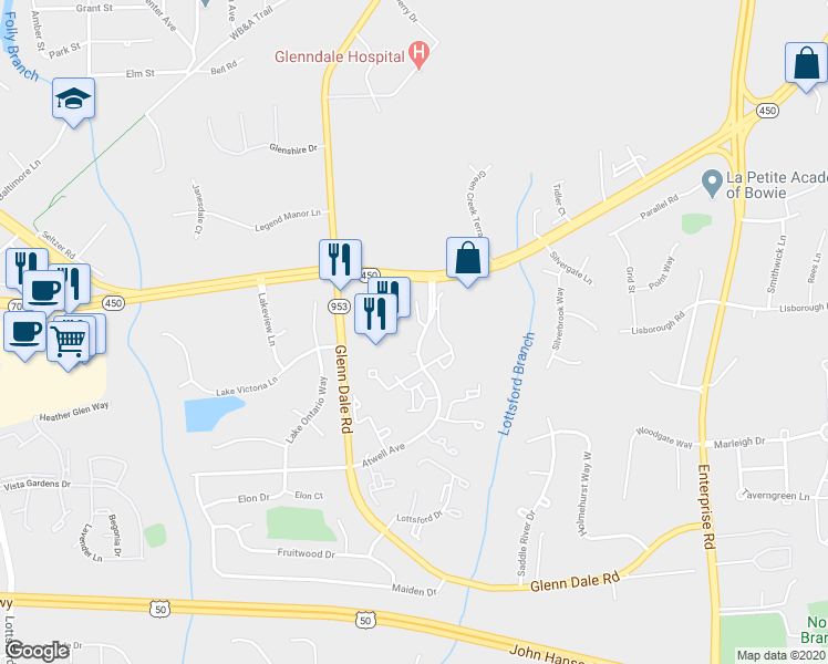 map of restaurants, bars, coffee shops, grocery stores, and more near 4804 Brookstone Terrace in Bowie