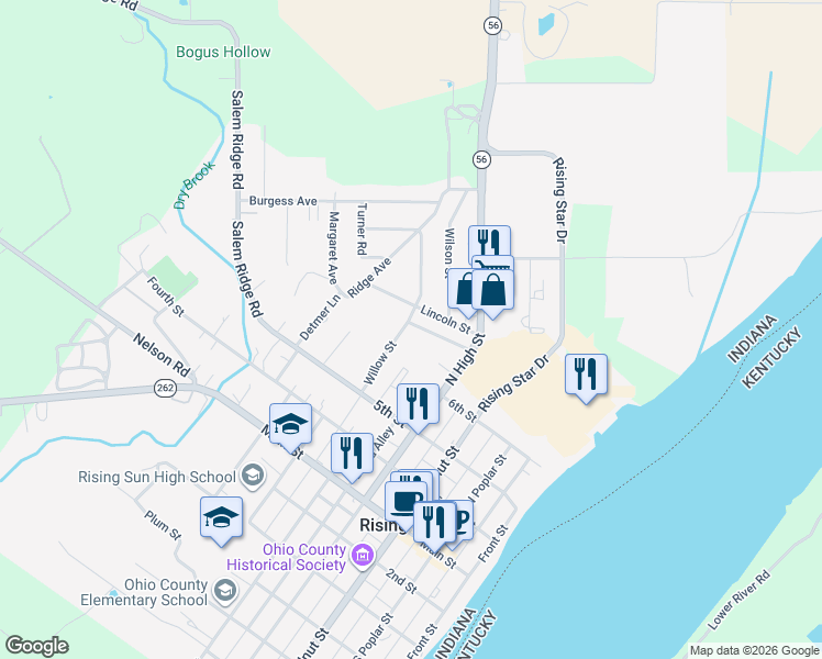 map of restaurants, bars, coffee shops, grocery stores, and more near 516 Willow Street in Rising Sun