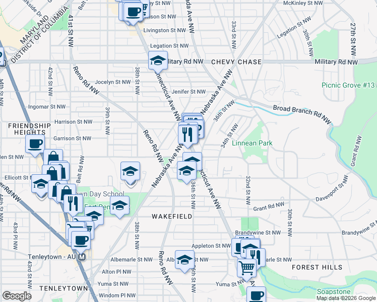 map of restaurants, bars, coffee shops, grocery stores, and more near 5010 Connecticut Avenue Northwest in Washington
