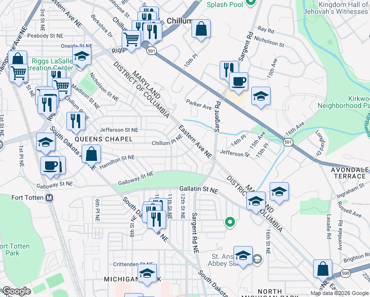 map of restaurants, bars, coffee shops, grocery stores, and more near 5204 12th Street Northeast in Washington