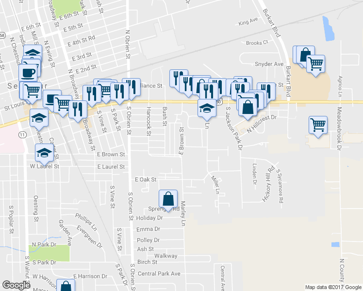 map of restaurants, bars, coffee shops, grocery stores, and more near 903 E Brown St in Seymour
