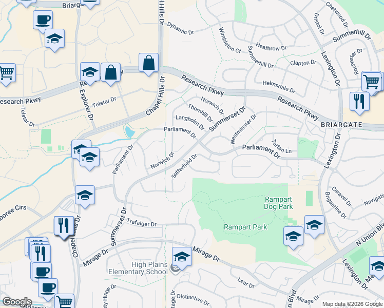 map of restaurants, bars, coffee shops, grocery stores, and more near 8410 Sutterfield Drive in Colorado Springs