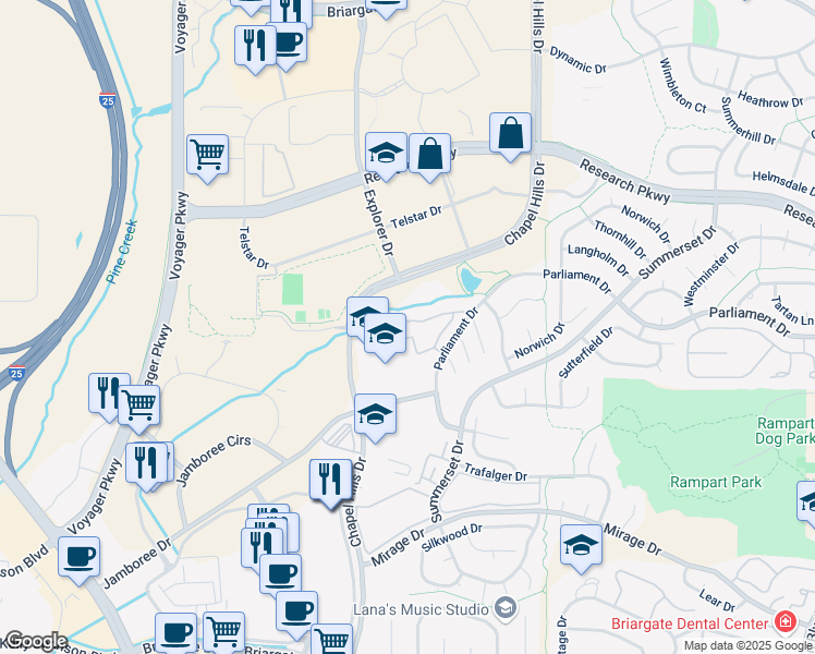 map of restaurants, bars, coffee shops, grocery stores, and more near 1931 London Carriage Grove in Colorado Springs