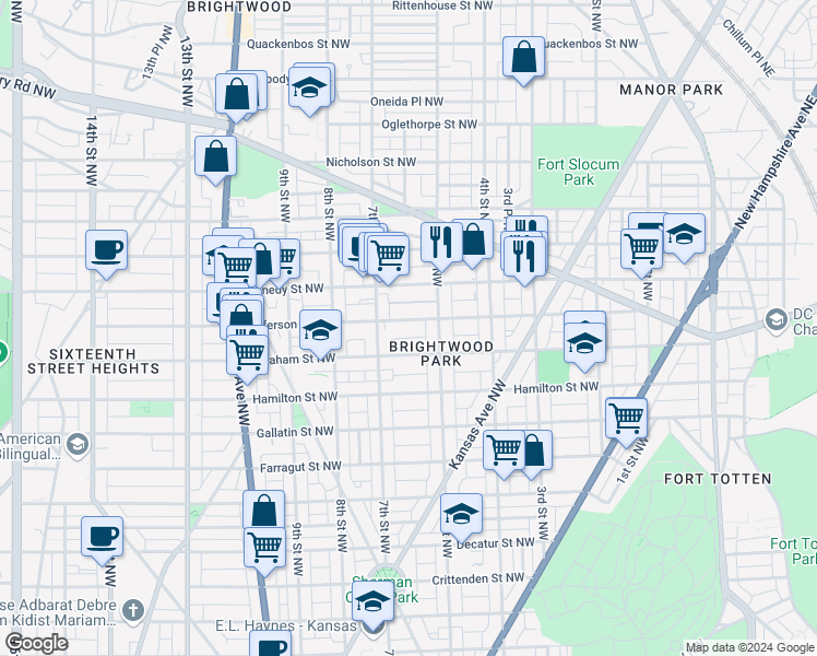 map of restaurants, bars, coffee shops, grocery stores, and more near 608 Jefferson Street Northwest in Washington