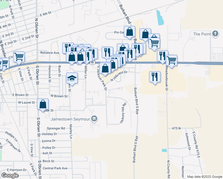 map of restaurants, bars, coffee shops, grocery stores, and more near 1230 Jackson Park Place in Seymour