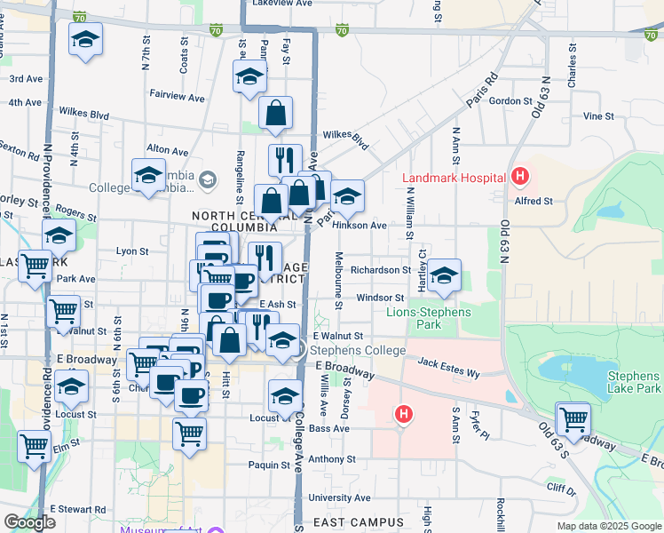 map of restaurants, bars, coffee shops, grocery stores, and more near 301 Melbourne Street in Columbia