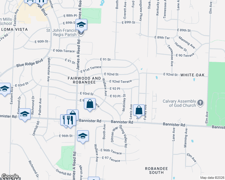 map of restaurants, bars, coffee shops, grocery stores, and more near 8501 East 92 Place in Kansas City