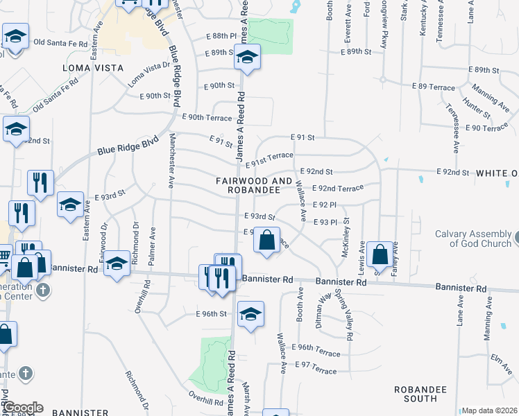 map of restaurants, bars, coffee shops, grocery stores, and more near 9215 Marsh Avenue in Kansas City