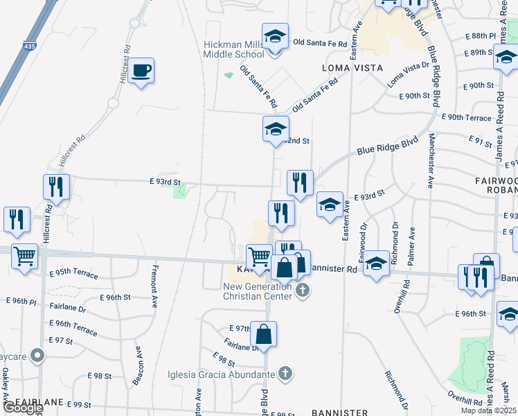 map of restaurants, bars, coffee shops, grocery stores, and more near 9340 Blue Ridge Boulevard in Kansas City