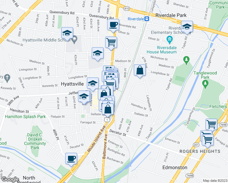 map of restaurants, bars, coffee shops, grocery stores, and more near 5323 Baltimore Avenue in Hyattsville