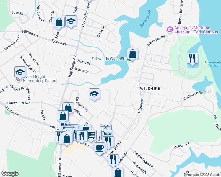 map of restaurants, bars, coffee shops, grocery stores, and more near 65 Windwhisper Lane in Annapolis
