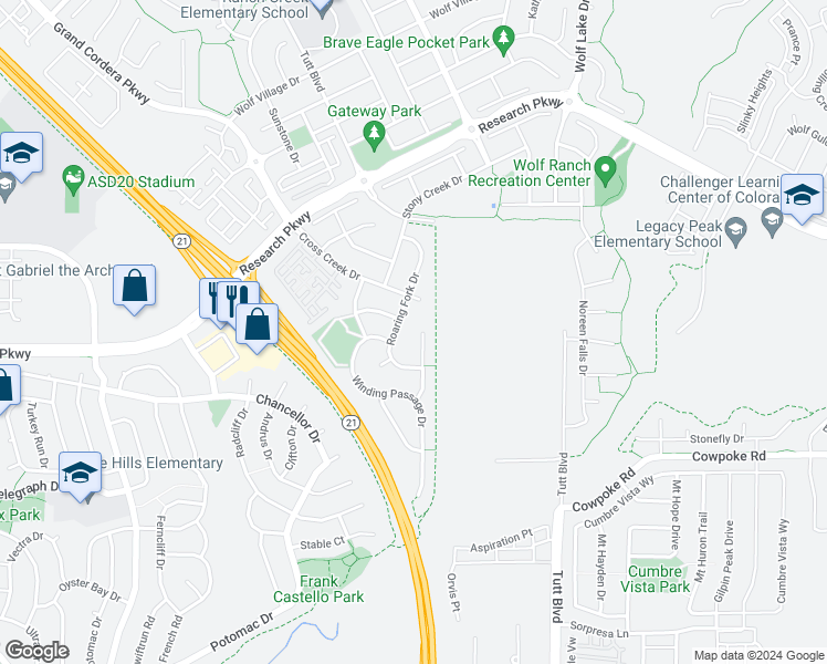 map of restaurants, bars, coffee shops, grocery stores, and more near 8584 Jacks Fork Drive in Colorado Springs