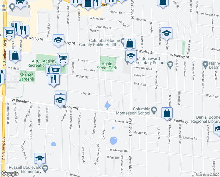 map of restaurants, bars, coffee shops, grocery stores, and more near 113 Redwood Road in Columbia
