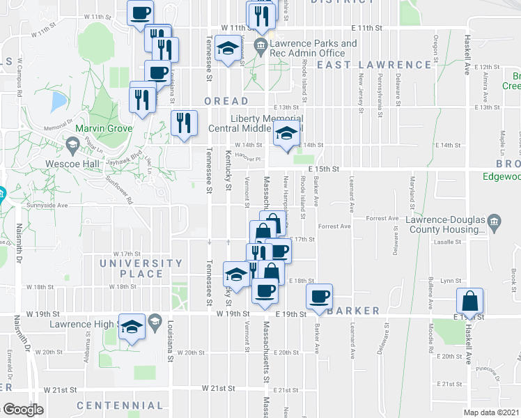 map of restaurants, bars, coffee shops, grocery stores, and more near 1603 Massachusetts Street in Lawrence
