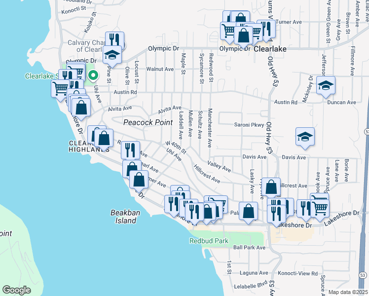 map of restaurants, bars, coffee shops, grocery stores, and more near 4596 West 40th Street in Clearlake