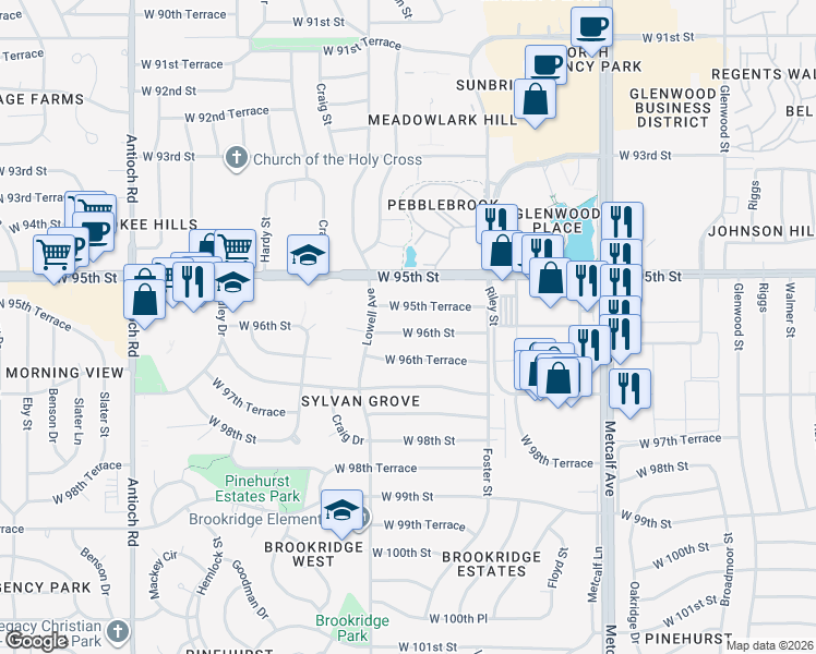 map of restaurants, bars, coffee shops, grocery stores, and more near 7724 West 96th Street in Overland Park