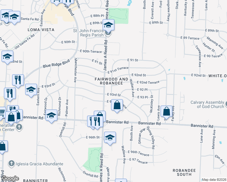 map of restaurants, bars, coffee shops, grocery stores, and more near 9215 Marsh Avenue in Kansas City