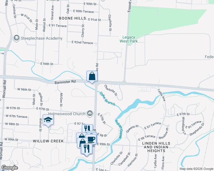 map of restaurants, bars, coffee shops, grocery stores, and more near 9504 Charlotte Street in Kansas City