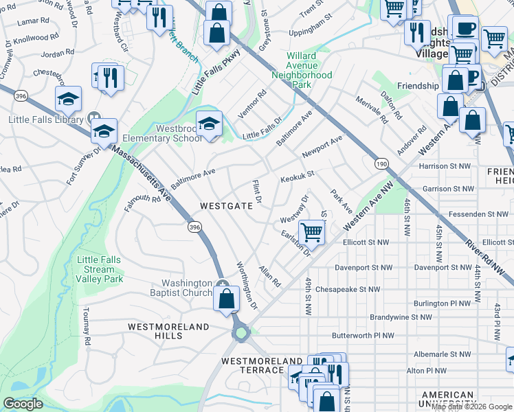map of restaurants, bars, coffee shops, grocery stores, and more near 4910 Flint Drive in Bethesda