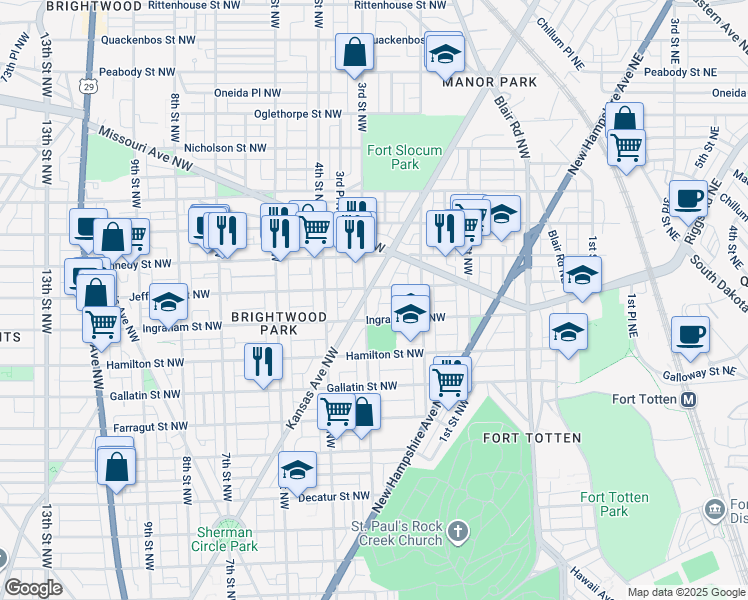 map of restaurants, bars, coffee shops, grocery stores, and more near 5323 Kansas Avenue Northwest in Washington