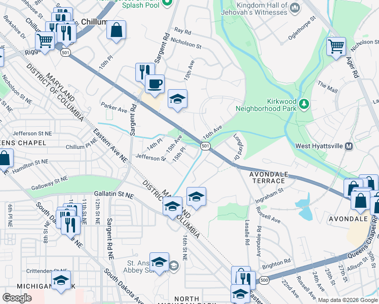 map of restaurants, bars, coffee shops, grocery stores, and more near 1512 Johnathan Street in Hyattsville