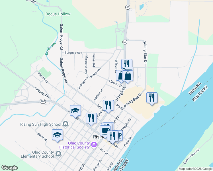 map of restaurants, bars, coffee shops, grocery stores, and more near 516 Willow Street in Rising Sun