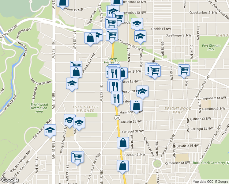 map of restaurants, bars, coffee shops, grocery stores, and more near 1200 Jefferson Street Northwest in Washington
