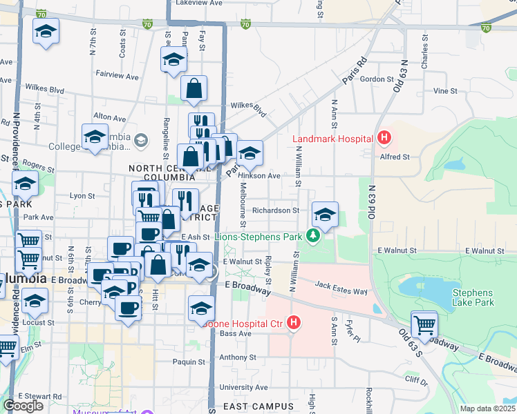 map of restaurants, bars, coffee shops, grocery stores, and more near 1407 Richardson Street in Columbia
