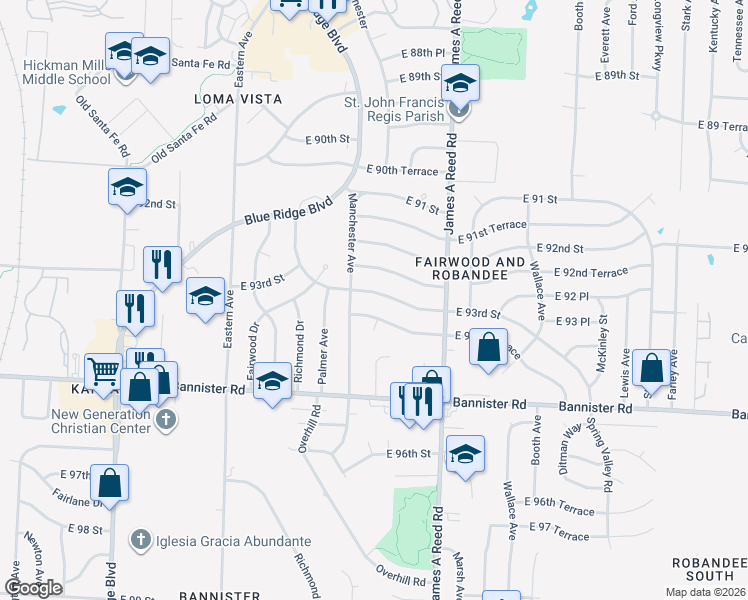map of restaurants, bars, coffee shops, grocery stores, and more near 7903 East 93rd Street in Kansas City