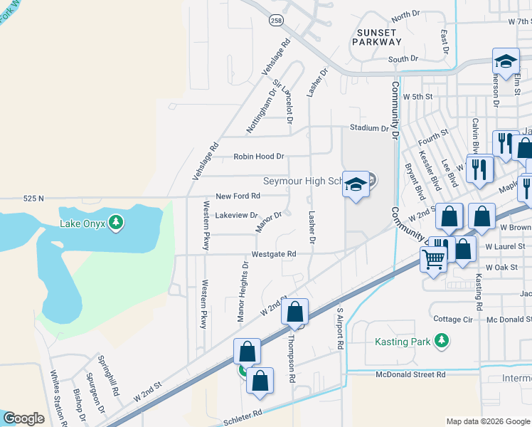 map of restaurants, bars, coffee shops, grocery stores, and more near 461 Manor Drive in Seymour