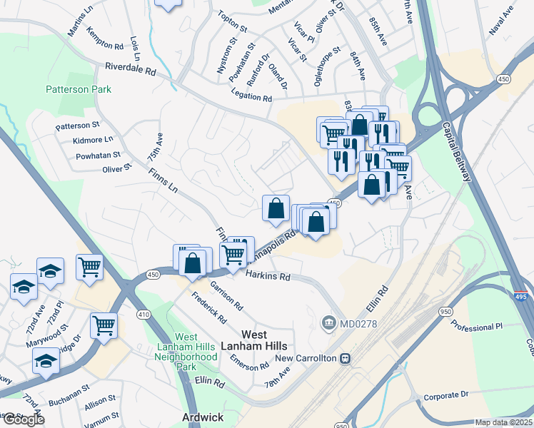 map of restaurants, bars, coffee shops, grocery stores, and more near 7701 Arehart Drive in New Carrollton