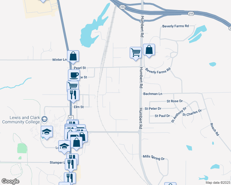 map of restaurants, bars, coffee shops, grocery stores, and more near 309 Gladys Avenue in Godfrey