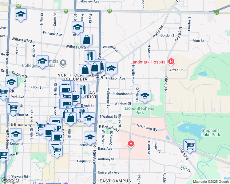 map of restaurants, bars, coffee shops, grocery stores, and more near 1407 Richardson Street in Columbia