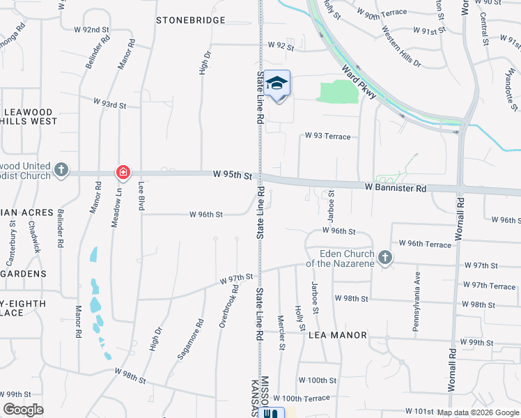 map of restaurants, bars, coffee shops, grocery stores, and more near State Line Rd & W 95th Ct in Kansas City