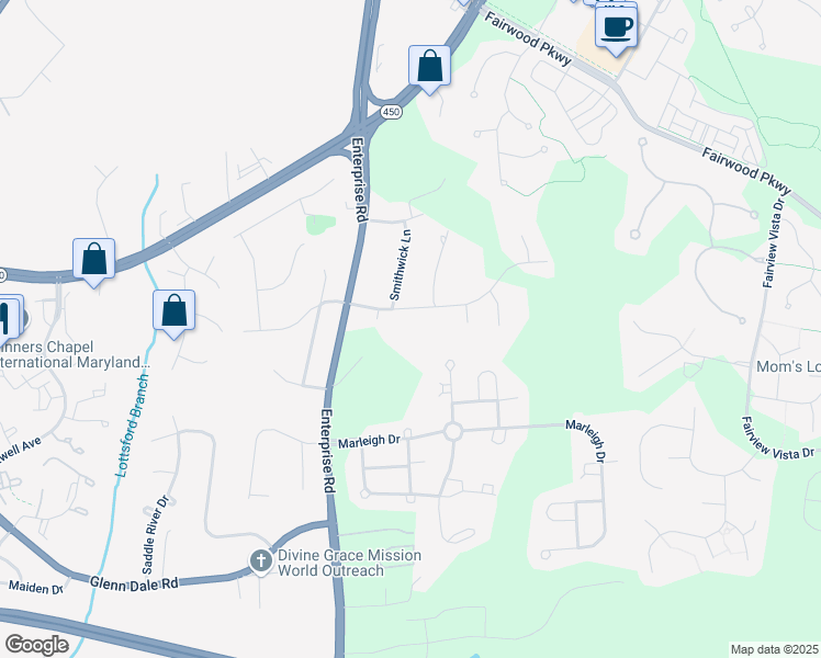 map of restaurants, bars, coffee shops, grocery stores, and more near 12101 Lisborough Road in Bowie