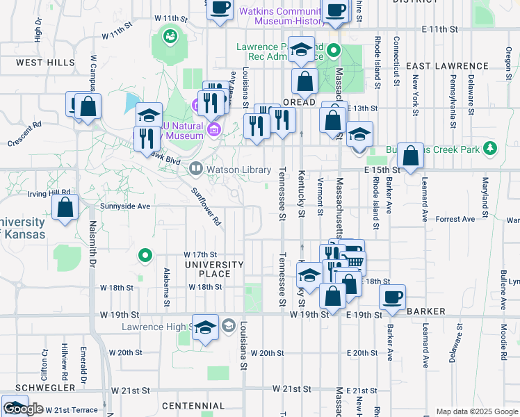 map of restaurants, bars, coffee shops, grocery stores, and more near 1601 Edgehill Road in Lawrence