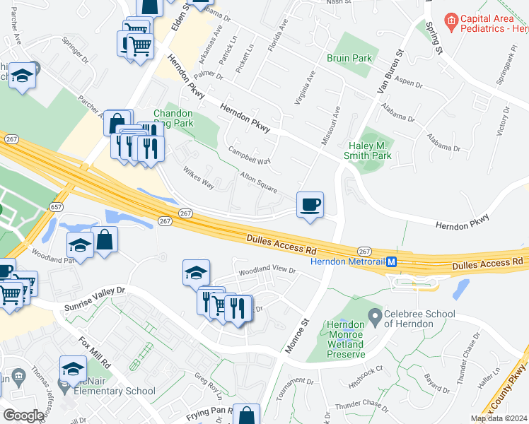 map of restaurants, bars, coffee shops, grocery stores, and more near 2109 Highcourt Lane in Herndon