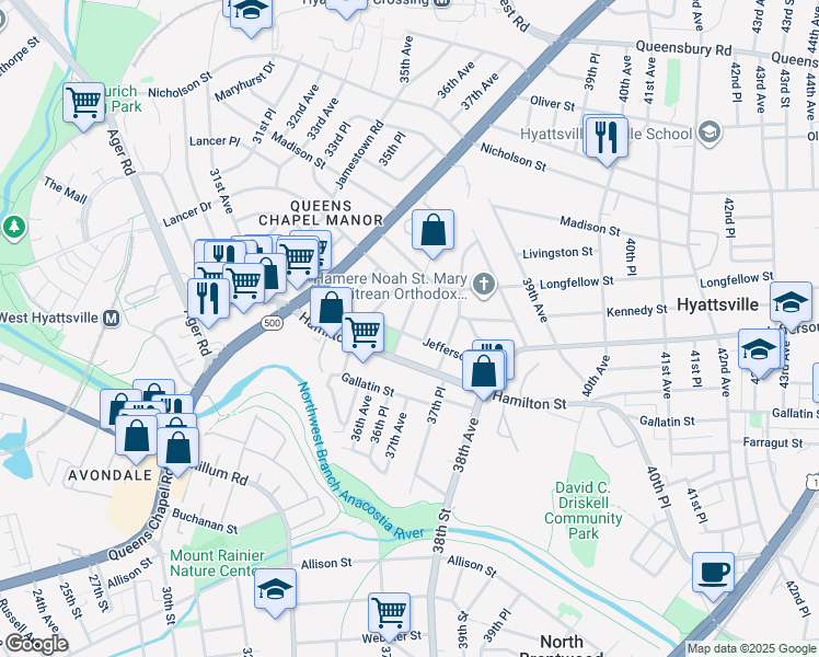 map of restaurants, bars, coffee shops, grocery stores, and more near 5601 36th Avenue in Hyattsville