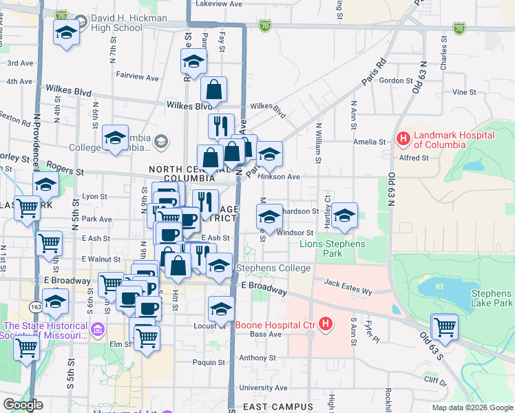 map of restaurants, bars, coffee shops, grocery stores, and more near 301 Melbourne Street in Columbia