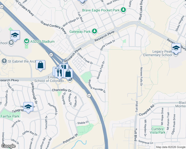 map of restaurants, bars, coffee shops, grocery stores, and more near 8646 Coyote Creek Drive in Colorado Springs