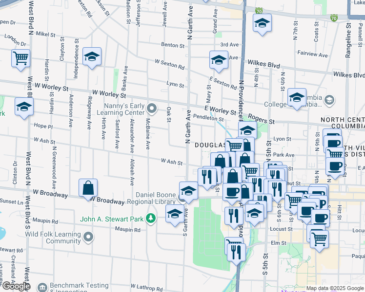 map of restaurants, bars, coffee shops, grocery stores, and more near 112 Oak Street in Columbia