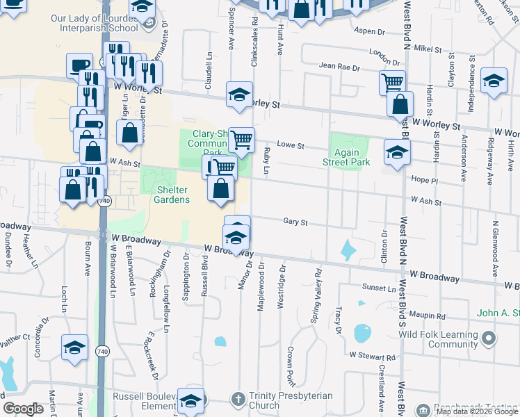 map of restaurants, bars, coffee shops, grocery stores, and more near 1507 Gary Street in Columbia