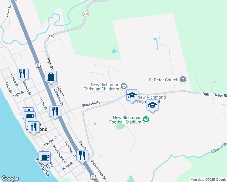 map of restaurants, bars, coffee shops, grocery stores, and more near 107 Regatta Drive in New Richmond