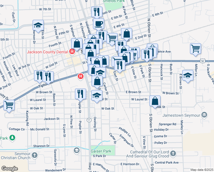 map of restaurants, bars, coffee shops, grocery stores, and more near 101 South Street in Seymour