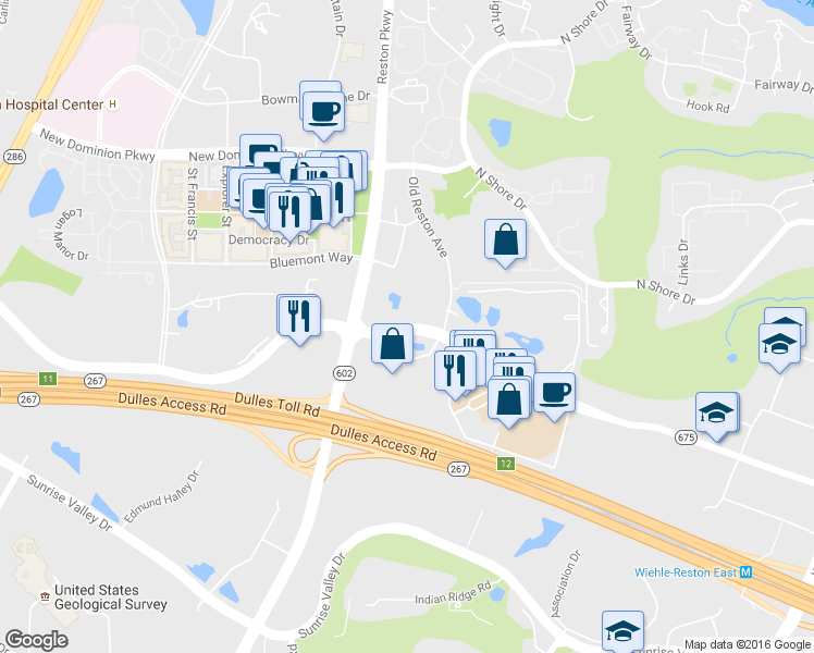 map of restaurants, bars, coffee shops, grocery stores, and more near 11800 Sunset Hills Road in Reston