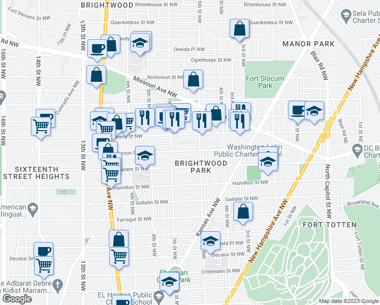 map of restaurants, bars, coffee shops, grocery stores, and more near 518 Jefferson Street Northwest in Washington